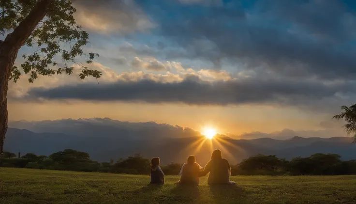 Visualize a Scene of Peace and Love, onde o sol brilha suavemente, criando uma luz dourada que acaricia a paisagem. Jesus, O Son of God, is at the center of this scene, com um sorriso gentil iluminando seu rosto. His eyes overflow with compassion and joy a...