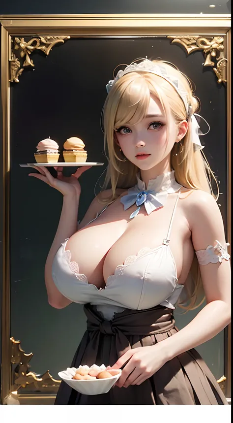 Masterpiece, Highly detailed, (tchibi:1.3), , (1girll), Blonde hair, Pastel colors, Cozy atmosphere, Dessert display case, macaron, Cupcakes, pastie, Cupcakes, Coffee machine, Blackboard menu, Natural lighting, Glass jars filled with candy, Frosted window ...