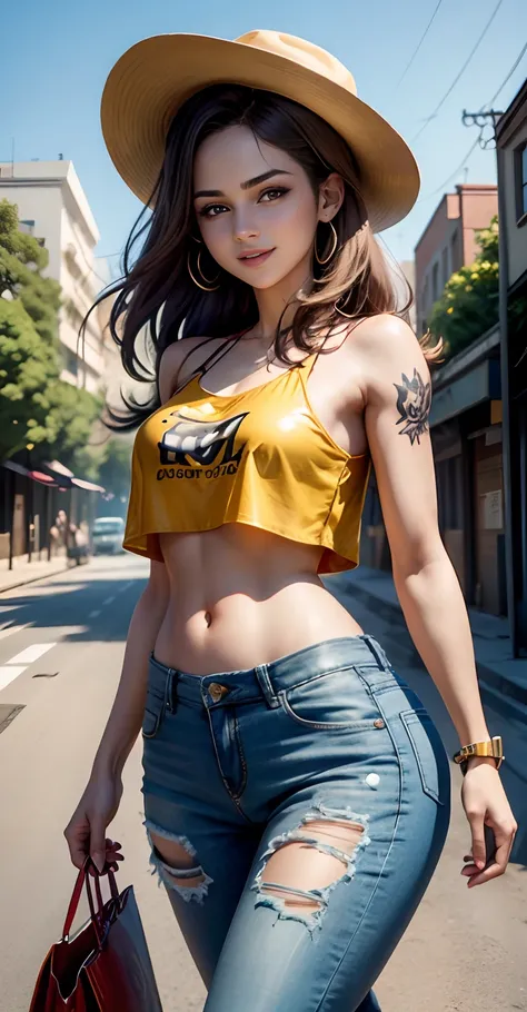 Huge smiling 0.6), (open mouth:0.4), (wide open eyes:1.2) masterpiece,high quality,4k ,((selena Gomez:Emma Watson:0.8)),small red trilby hat, bare shoulder,belly, heavy Tattoos on the belly and Arms, wearing Goggles, wearing metallic yellow crop top with o...