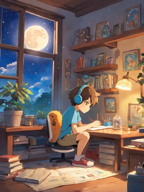 (masutepiece) Boy sitting in his room studying, On his desk, With headphones on, Geek Decoration, Pokémon Plush on the Wall, poster for, Window with moon and stars, Calm, Peaceful, Thinking