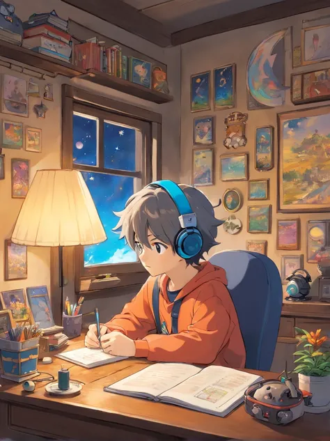 (masutepiece) Boy sitting in his room studying, On his desk, With headphones on, Geek Decoration, Pokémon Plush on the Wall, poster for, Window with moon and stars, Calm, Peaceful, Thinking