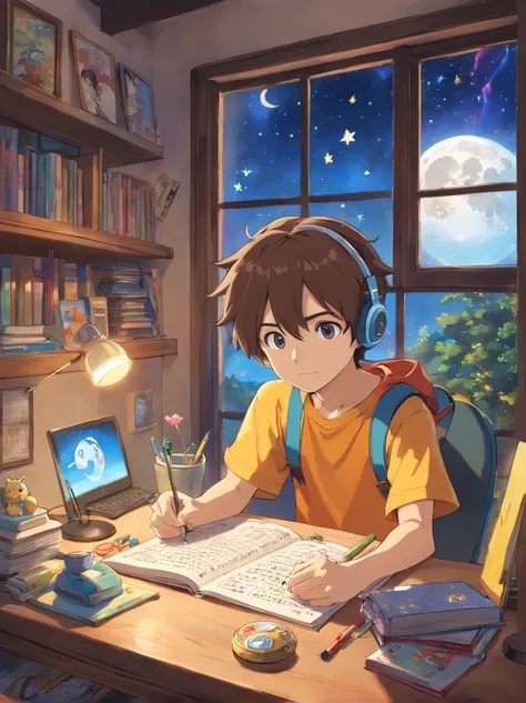 (masutepiece) Boy sitting in his room studying, On his desk, With headphones on, Geek Decoration, Pokémon Plush on the Wall, poster for, Window with moon and stars, Calm, Peaceful, Thinking