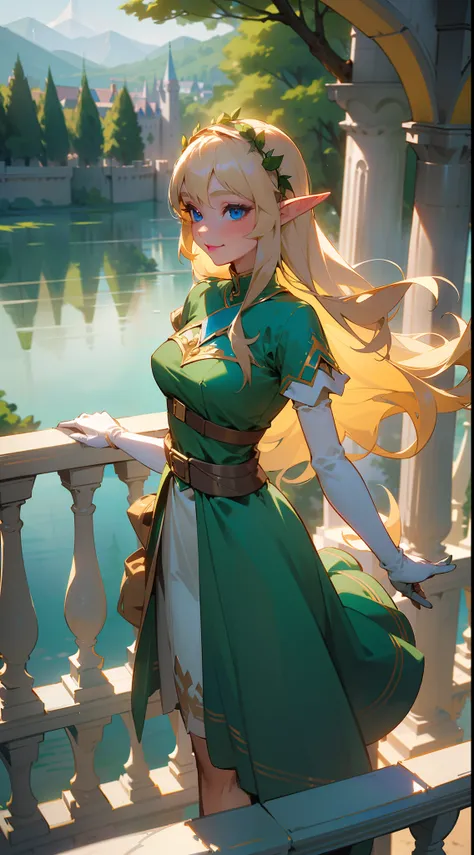 1girl, 30 years old,solo, long hair,medium breasts,elf ears,(light blonde hair), blue eyes, happy face,green princess dress,princess gloves, pink lipstick, ((standing on a balcony in an elf castle,hidden arms, trees, houses,lake,backwards)),cowboy shot