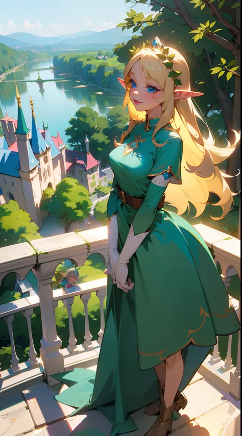 1girl, 30 years old,solo, long hair,medium breasts,elf ears,(light blonde hair), blue eyes, happy face,green princess dress,princess gloves, pink lipstick, ((standing on a balcony in an elf castle,hidden arms, trees, houses,lake,backwards)),cowboy shot