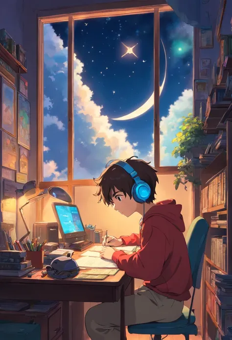 (masterpiece) a boy (male) studying sitting in his room, over his desk, with headphones on, nerd decoration, video game on the wall, posters, window showing the moon and stars, calm, peacefull, thinking, Cinematic, Color grading, beautifully color-coded,