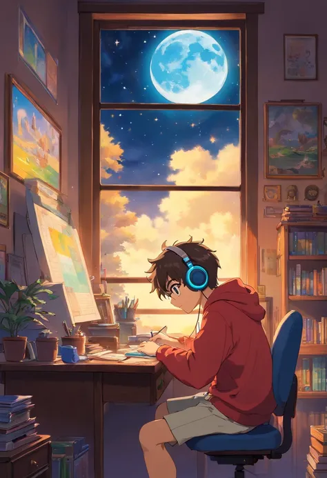 (masterpiece) a boy (male) studying sitting in his room, over his desk, with headphones on, nerd decoration, video game on the wall, posters, window showing the moon and stars, calm, peacefull, thinking, Cinematic, Color grading, beautifully color-coded,