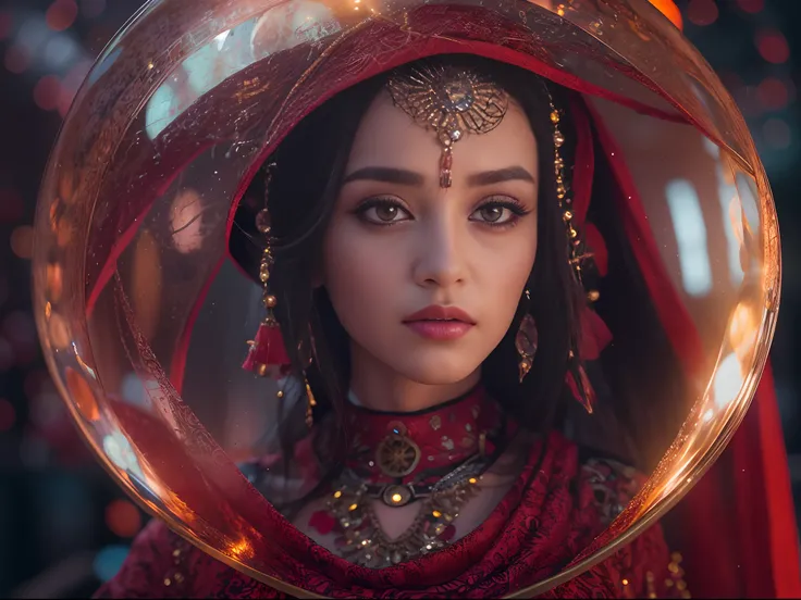 Dilraba Dilmurat as Space Alien android Gypsy fortuneteller, futuristic ethnic Romani dress, close up, portrait, round huge crystal ball with stars of galaxy within, heavy makeup, running eyes mascara, very detailed beautiful face, fair smooth glowing skin...