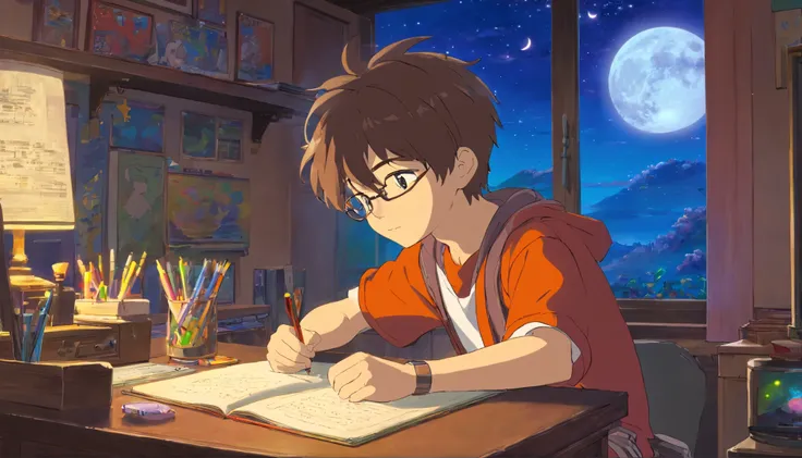 (masterpiece) a boy (male) studying sitting in his room, over his desk, with headphones on, nerd decoration, video game on the wall, posters, window showing the moon and stars, calm, peacefull, thinking, Cinematic, Color grading, beautifully color-coded,