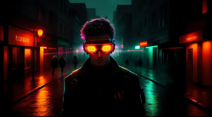 An award winning master piece photo of a cyborg man with psychedelic colors standing in a city street at night in the rain, wearing neon-colored glowing goggles, 8k, (high quality:1.1), (cinematic feeling:1.1), dark deep shadows, incredibly intricate detai...