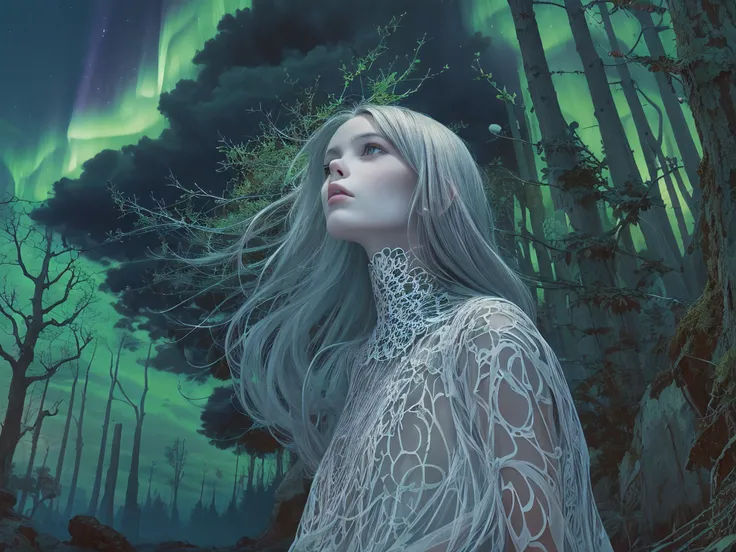 The Aurora skull figure, underneath is a forest, girl looking at the sky