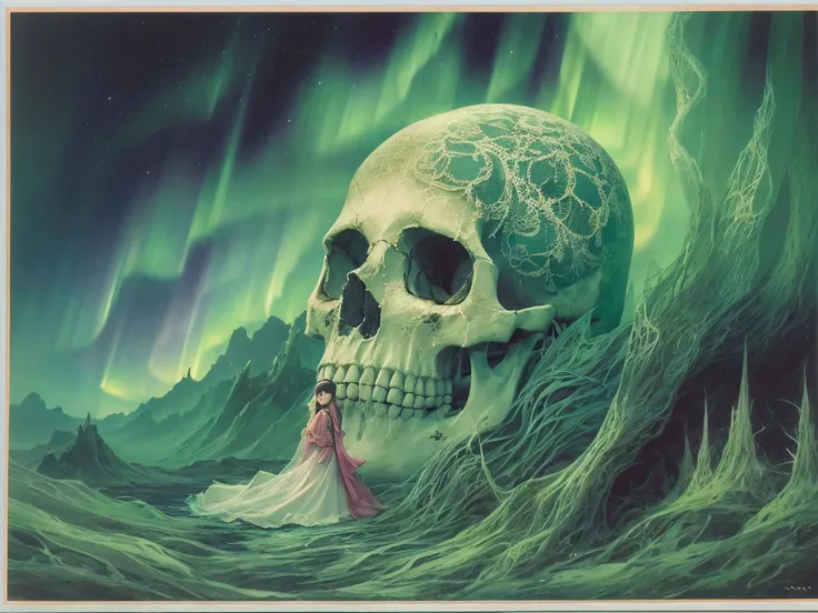 The Aurora skull figure, underneath is a forest, girl looking at the sky