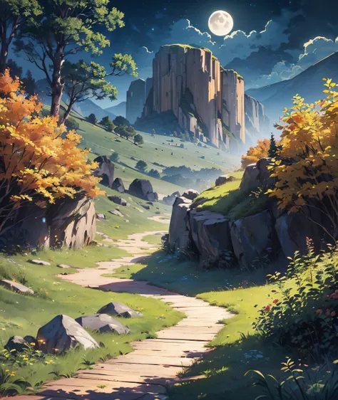 Very good 8KCG wallpapers, very fine 8K CG wallpaper, watercolor (medium), (((dark, Dark Night, Deep Night, the moon))) ((Sky color: dark blue)) (((Natural Background, rock formations, wood))), path, a meadow, ((plein air)) (((Character Deletion))) (((Excl...