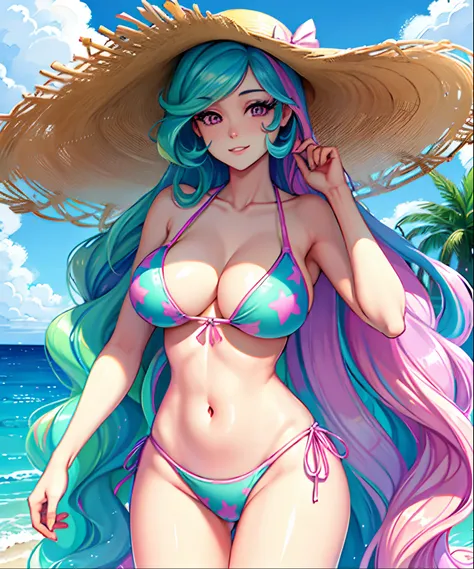 Princess Celestia, Princess Celestia from my little pony, Princess Celestia in the form of a girl, long hair, lush hair, big breasts, voluminous breasts, firm breasts, on the beach, in a swimsuit, pink swimsuit, on schizlong, in sunglasses, in a hat, volum...