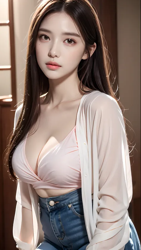 8K, Top image quality、RAW photography、超A high resolution、A pretty girl、Colossal tits:1.3、nedium breasts:1.3 , ((Open shirt show )),, (Delicate white skirt), full bodyesbian, White skin of the、Shiny white skin、Dark brown hair、beautiful eyes of random colors...