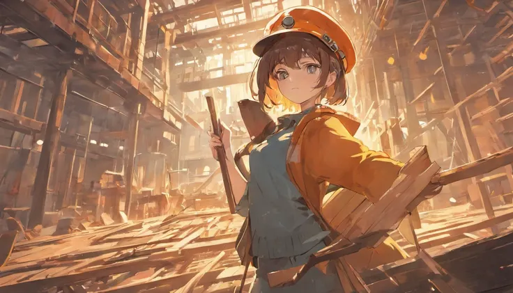 3 Lolis wearing hard hats, 1 girl hammering nails, 1 girl carrying planks, 1 girl reading blueprints, building stuff, construction site background, xinzoruo genshin bili bili