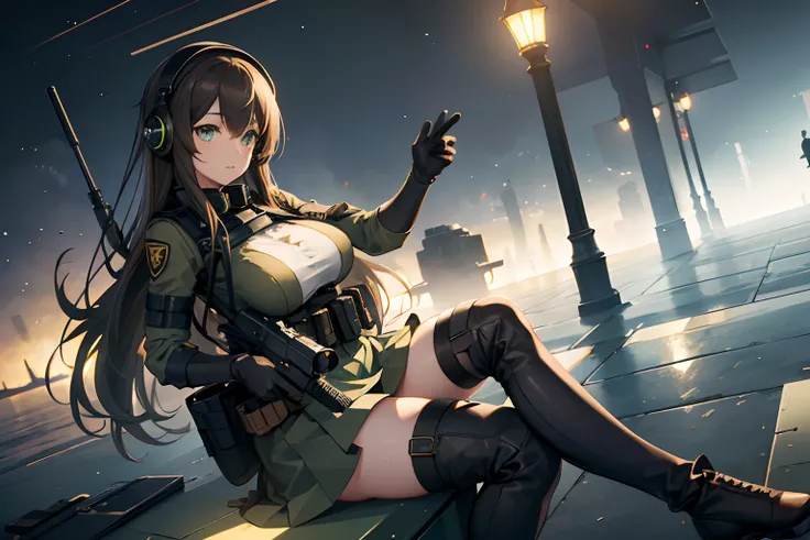 Anime girl, Green sparkling eyes, Long brown hair, big breast, showing thighs, military helmet, Night vision goggles, Headset with microphone, tactical vest, mitts, Mini skirt, Tall stockings, kneehigh boots, Hold a rifle or aim a sniper rifle, (Best quali...