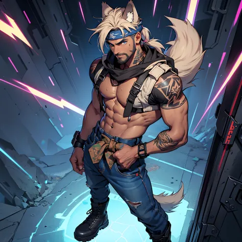 skateboarder punk guy ((wearing military boots)), viewed from above, lightning storm, short beard, body hair, ((dark tanned skin)), bulge, short cropped colourful hair, ((has wolf ears)), ((has wolf tail)), wearing denim pants sagging low on his hips, ((he...