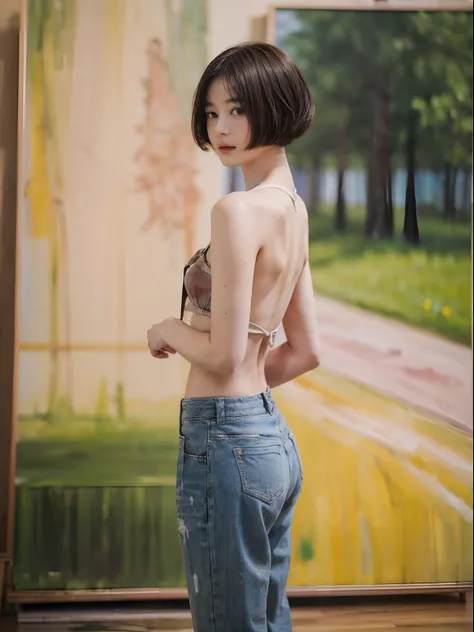 17
(Shorthair:1.3), (a 20 yo woman), (A hyper-realistic), (Masterpiece), (8KUHD), Woman wearing long pants, Small eyes, (The back is an abstract painting:1.23)