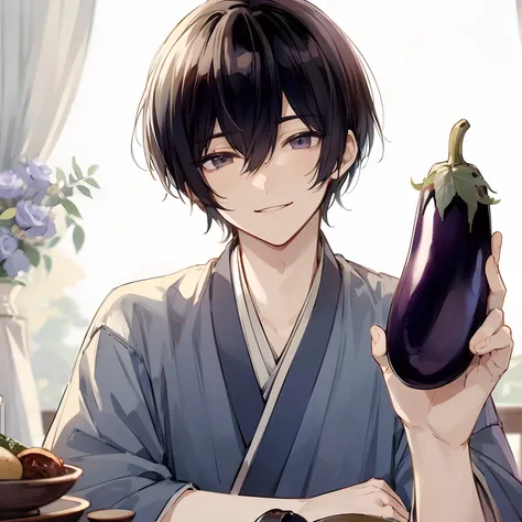 Japanese anime, beautiful young man, dark hair, bowl cut, smiling, holding a fine eggplant in his left hand, dining table in the background,high quality, amount of drawing, pixiv illustration