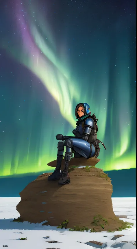 Create a scene depicting a desolate post-apocalyptic world, with impressive ruins, mutant plants and a horizon lit by an alien aurora, that captures the essence of Michael Whelans iconic fantasy landscapes, female astronaut sitting on snow field ,giga_bust...