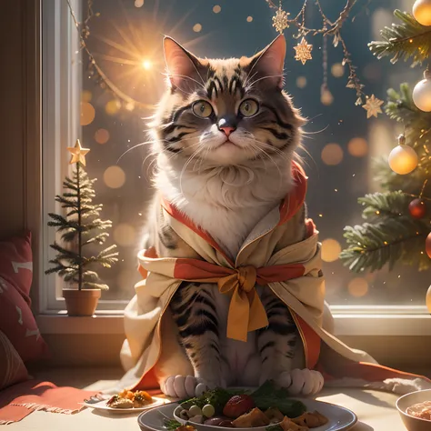 A round-eyed meow cat,Wear the robe of the Holy Faith,Eat a turkey dinner, Christmas tree next to the restaurant, Sunlight outside the window.