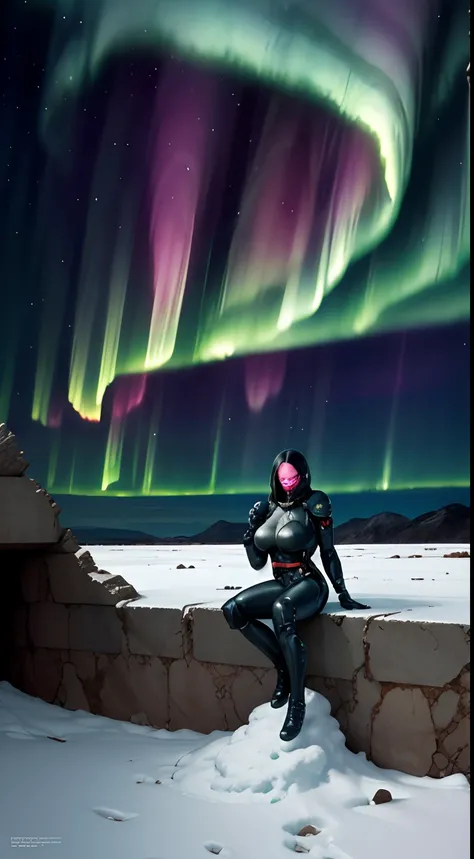 Create a scene depicting a desolate post-apocalyptic world, with impressive ruins, mutant plants and a horizon lit by an alien aurora, that captures the essence of Michael Whelans iconic fantasy landscapes, female astronaut sitting on snow field ,giga_bust...