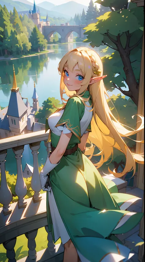 1girl, 30 years old,solo, long hair,medium breasts,elf ears,(light blonde hair), blue eyes, happy face,smile,green princess dress,princess gloves, ((standing on a balcony in an elf castle,hidden arms, trees, houses,lake,looking at viewer, looking back,sunl...