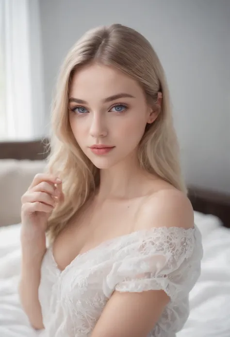 woman fully , sexy girl with blue eyes, ultra realistic, meticulously detailed, portrait sophie mudd, blonde hair and large eyes, selfie of a young woman, bedroom eyes, violet myers, without makeup, natural makeup, looking directly at the camera, face with...