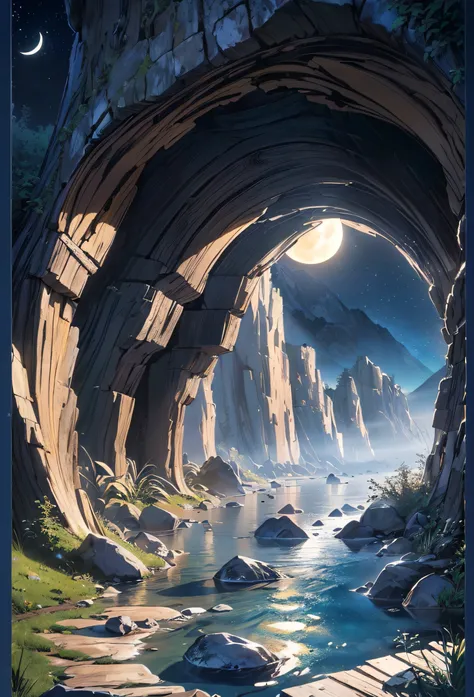 Very good 8KCG wallpapers, very fine 8K CG wallpaper, watercolor (medium), (((dark, Dark Night, Deep Night, the moon))) ((Sky color: dark blue)) (((Natural Background, rock formations, wood))), cliff, Mountain Summit ((plein air)) (((Character Deletion))) ...