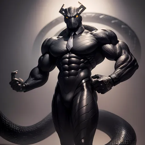 Humanoid  snake muscled ,  with a snakes head black with  a tail with 2 huge arms ,  in suit with a tie , full body