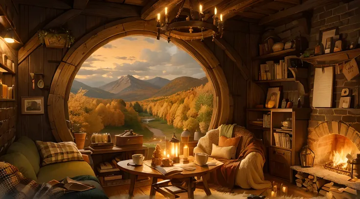 a cozy hobbit room in autumn, cozy autumn cloudy, interior with fireplace, theres a cozy bookshelf full of books, a cozy coffee can and a coffee cup, a pile of firewood