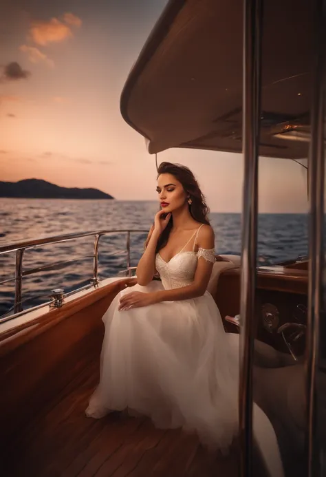 (Best quality,8K,A high resolution,Masterpiece:1.2),Mid-range view,Night,Night on a yacht,Sea and night background,high high quality,Masterpiece,(Delicate lips:1.2),Short sleeves,Short sleeves,Short sleeves,Short sleeves,An extremely delicate and beautiful...