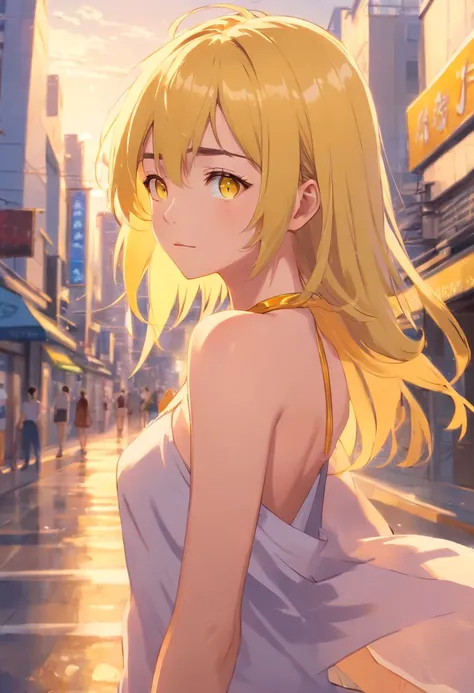 (masterpiece, best quality), intricate details, 1girl, yellow hair, yellow eyes, mascara, bare shoulders,