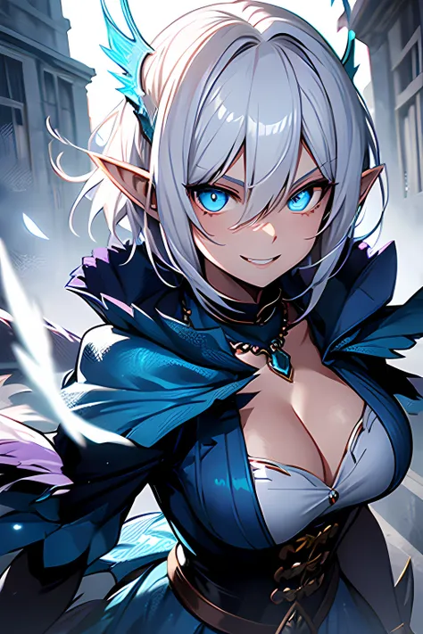 1girl, Highly detailed, feathered wings, elf ears, very short hair, white hair, asymmetrical hair, wavy hair, dress, blue eyes, glowing eyes, half-dragon girl, smiling menacingly, fangs, tall, dragon eyes, pale blue dragon scales, blue gem necklace