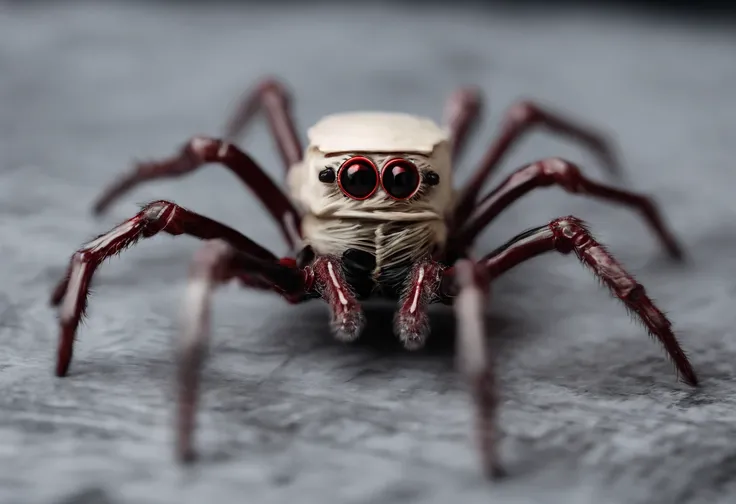 Angry Bones Jumping Spider, skeleton-like, colors are bone-white and maroon red with glowing red spider eyes, masterpiece, best quality