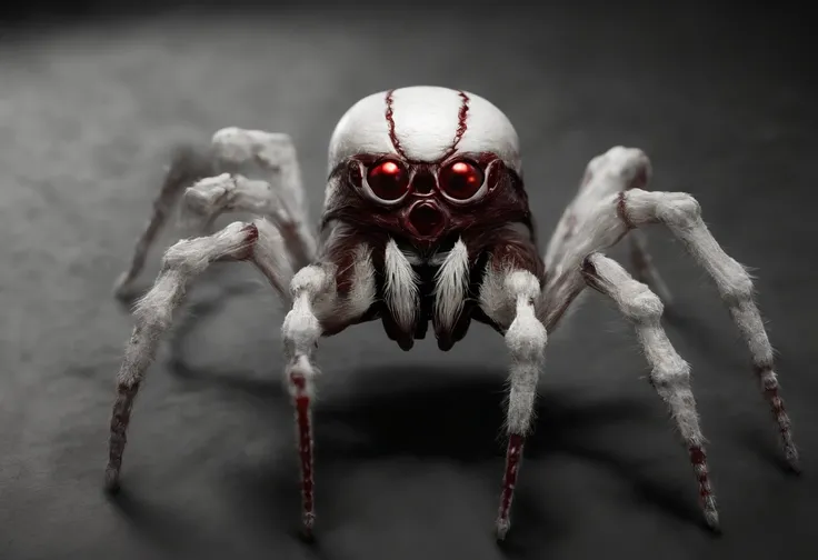 Angry Bones Jumping Spider, skeleton-like, colors are bone-white and maroon red with glowing red spider eyes, masterpiece, best quality