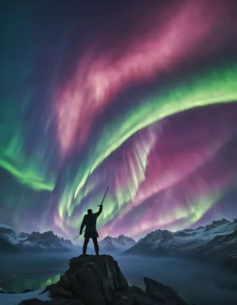 fr4z3tt4， man raises his sword to the sky，the sky is covered with auroras