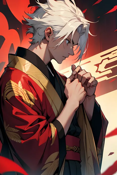 White hair, red hair tips, kimono, brass knuckles, boy