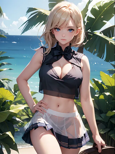 (((toppless))), (((sheer sailor  shirt , Sleeveless ))), (((Show off  cleavage))), (((Large breasts))), (((Open front))), (((Sheer Micro Mini Skirt))), Detailed beautiful eyes, (((Sunny))), extremely detailed CG unified 8k wallpaper, very fine 8KCG wallpap...