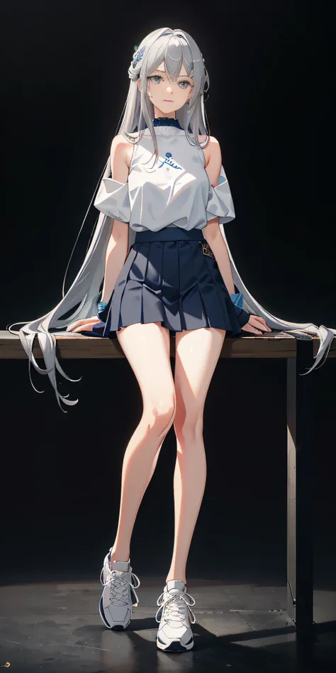 Messy long blue-silver hair，Chest up，Bend your waist，Firm chest，Student sister，open waist，Short pink skirt，long leges，athletic sneakers，Full body photo，playground，(8K，RAW photogr，best qualtiy，tmasterpiece：1.3)，Top CG，Highest image quality，Master masterpiec...