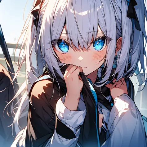 女の子1人、white  hair、shorthair、(((half up)))、wavy hair、sidelong glance、blue eyes、facing to the side