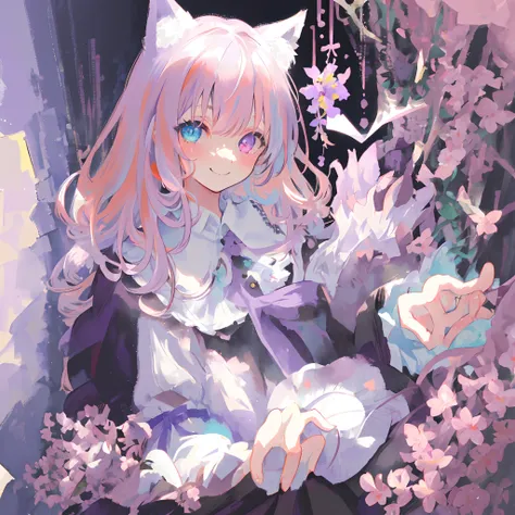 close-up portrait of ((solo young catgirl)), light violet hair, nekomimi, simple plain background, smile, flowers, masterpiece, heterochromia, polychromia, (pastel colors), (muted colors), soft, in the style of a watercolor painting