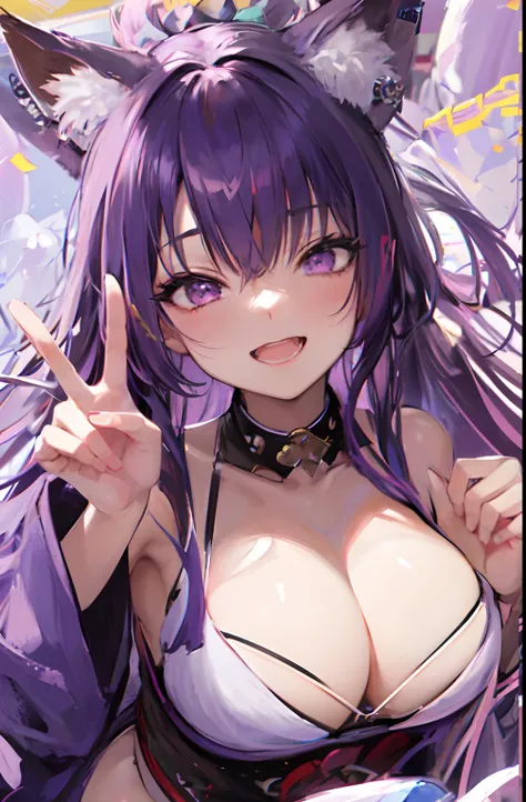 Anime girl with purple hair and cat ears poses for photo, Ayaka Genshin Impact, Ahegao, guweiz, anime moe art style, Seductive anime dick girl, with index finger, guweiz on pixiv artstation, Anime! 4 k, Anime! 4K, official artwork, sakimichan, [ Digital Ar...