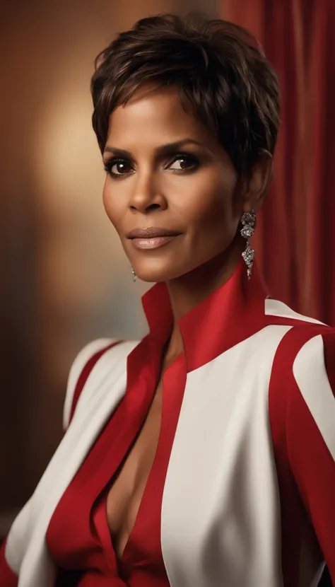 (High-res,photorealistic:1.2),Halle Berry in a stunning red suit,detailed face and expression,beautiful detailed eyes and lips,confident and powerful pose,studio lighting,ultra-fine painting,professional,fashionable,red-carpet ready,modern and chic,rich an...