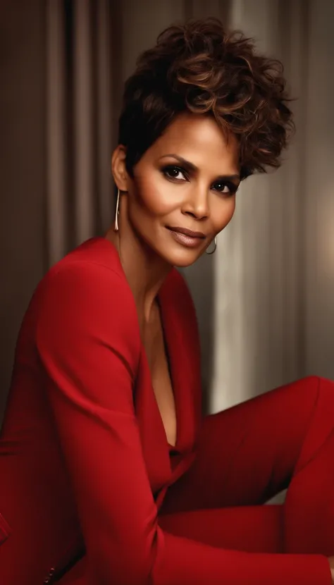 (High-res,photorealistic:1.2),Halle Berry in a stunning red suit,detailed face and expression,beautiful detailed eyes and lips,confident and powerful pose,studio lighting,ultra-fine painting,professional,fashionable,red-carpet ready,modern and chic,rich an...