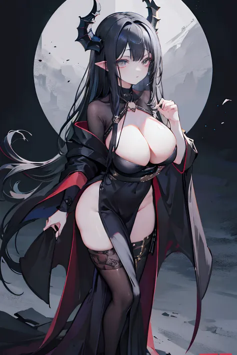 Dark style，Obsidian palace，one-girl，Black hair，Wear dragon robes，big breasts exposed cleavage， Full body detail 4K，Dreamlike，and its detailed completeness .