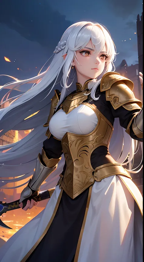 (tmasterpiece:1.37), An intense, A close-up depicts a woman in knightly armor，White eyes，Long white hair， She stood on a stone bridge, The walls soar into the sky, Homem-Imponente, Behind him is grandeur. In her hand, she is holding a sword, Its edges shin...