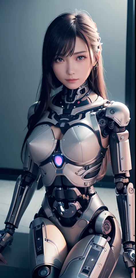 top-quality、​masterpiece、超A high resolution、(Photorealsitic:1.4)、((a beauty girl:1.6)), 1 full-body cyborg girl、sixteen years old、NOhumans、((The skin part is only the face)), Luminous Eyes、((Lots of split metal chest protectors)), Metal Robot、((The whole b...