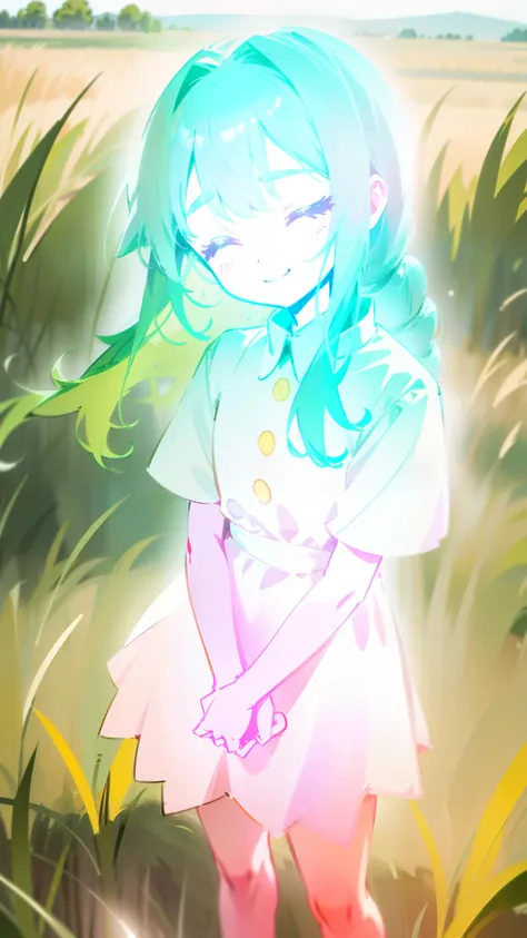 ((1loli girl,4 years old)),((small body)),little white dress,green hair,long hair,closed eyes,loli,solo,cute,happy face,smile,bl...