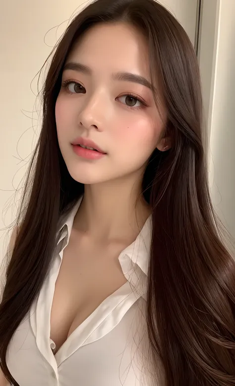 8K, Top image quality、RAW photography、超A high resolution、A pretty girl、Colossal tits:1.3、nedium breasts:1.3 , ((Open shirt show )), (Thin white shirt), full bodyesbian, White skin of the、Shiny white skin、(waved hair)、Dark brown hair、beautiful eyes of rando...